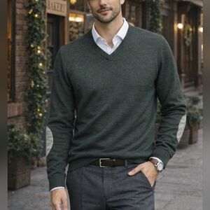 Selected Homme Dark Green V-Neck Sweater XXL Men’s Elbow Patch Knit Pullover